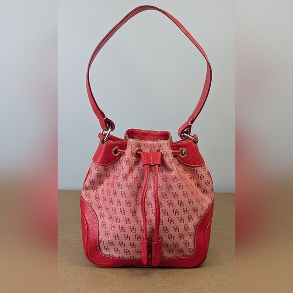 Dooney & Bourke Handbags - Dooney & Bourke | Red Signature Bucket Drawstring Shoulder Bag, Cloth & Leather